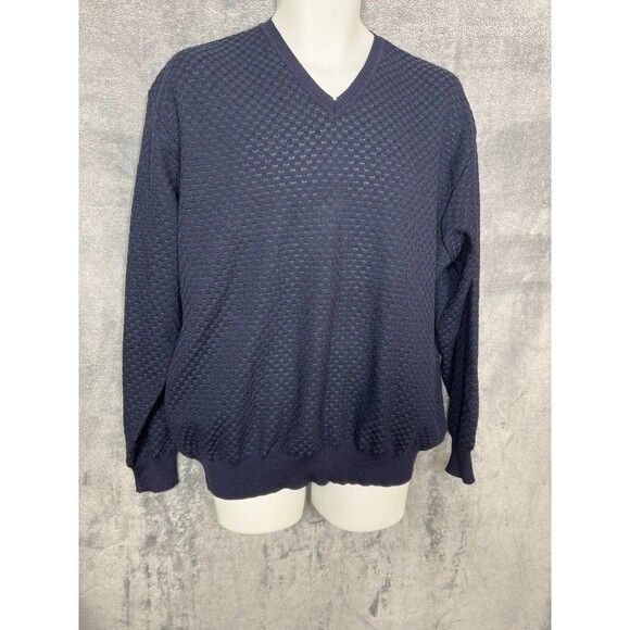Segreto Sweater Size XL V Neck 100% Pure New Wool Fine Merino Textured Navy - Picture 3 of 16